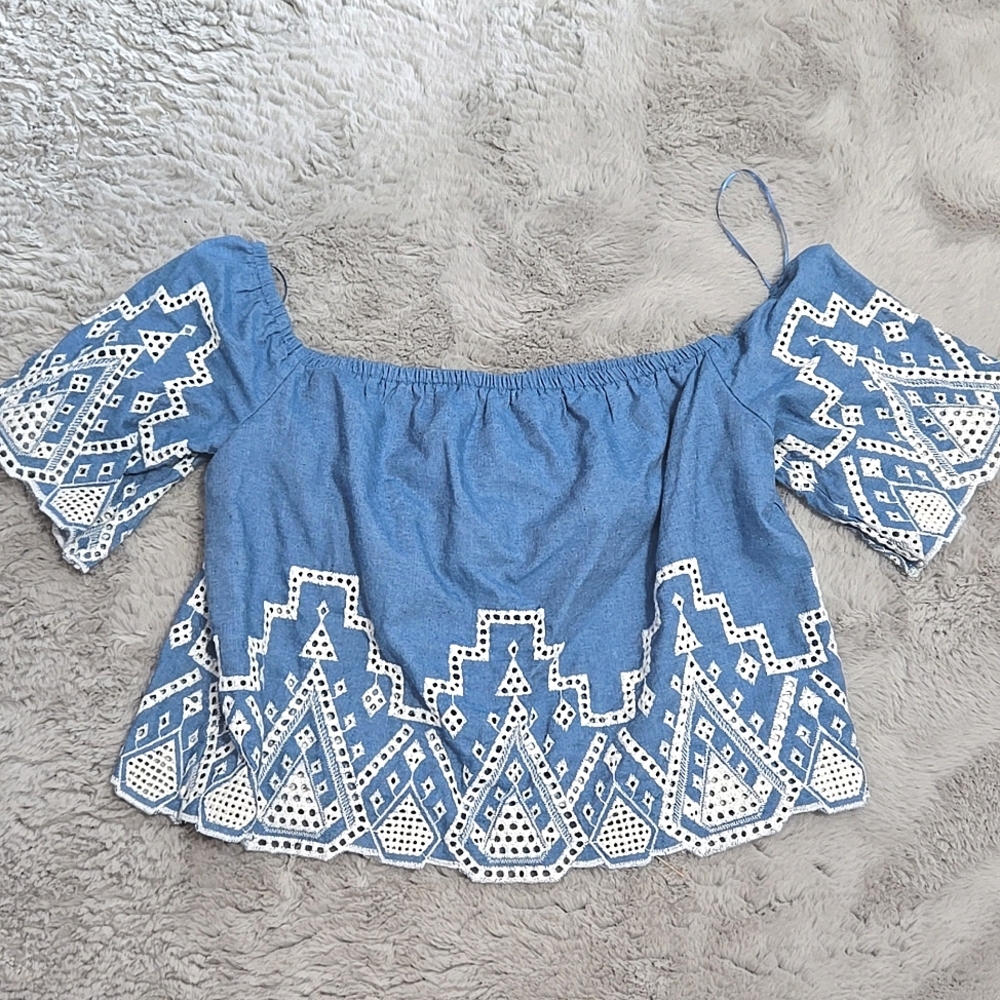 Mi Ami Denim Boho Off the Shoulder Blouse size M